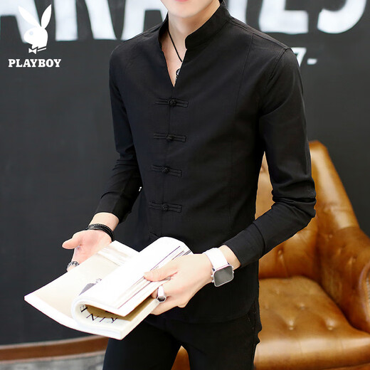 
Playboy (PLAYBOY) long-sleeved T-shirt men's stand-up collar Chinese style buttoned youth top clothes body shirt 2025 spring thin base shirt black 9905 XL
