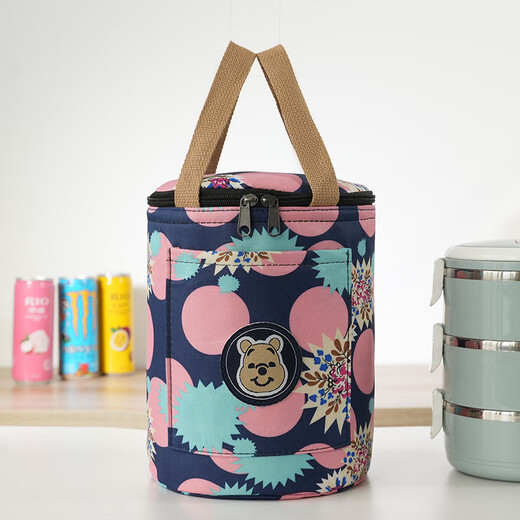 Pu Lian round insulated lunch box bag, aluminum foil thickened handbag, insulated bag with rice bucket for office workers, portable meal bag, round barrel insulated style, bear label denim blue, large size, diameter 23, height 29 cm