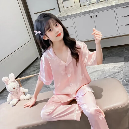 莫代尔女童冰丝睡衣夏季2024新款儿童短袖家居服女孩中大童空调服两件套 854 粉色 短袖翻领蝴蝶结九分 130 cm 建议身高120-130cm6-7岁