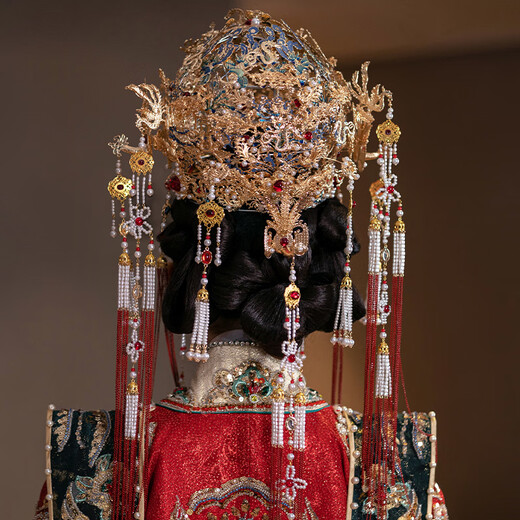 Chi Xing Bridal Headdress Cloisonné Long Tassel Ming-style Hanfu Classical Hanfu Wedding Chinese Ancient Style Phoenix Crown Hair Accessory Headwear Set 83212