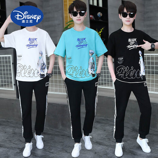迪士尼（Disney）夏季青少年短袖t恤男孩衣服高中初中学生大童夏装帅气运动套装潮 白灰色 套装TZ9226款 185 2XL【120-135斤】