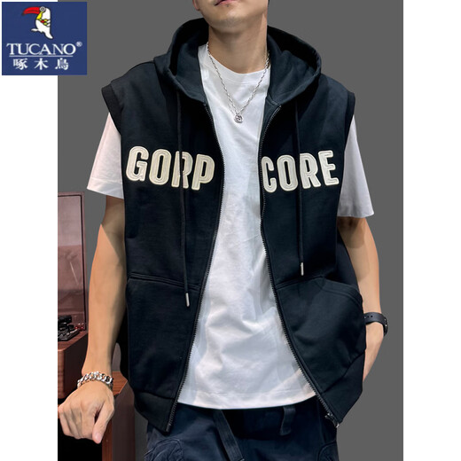 Дятел (TUCANO) High Street с капюшоном, мужской спортивный жилет 2025 года, весенне-летний жилет нового стиля, американский повседневный свободный свитер без рукавов, жилет-карта, зеленый M, рекомендация 110Jin Jin равен 0,5 кг -135Jin Jin равен 0,5 кг