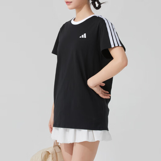 阿迪达斯 （adidas）女装运动套装25夏季新款三条纹圆领短袖T恤直筒长裤运动裤 两件套 JY7612+JE1306 XL