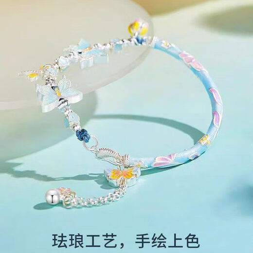 Hunter enamel butterfly bracelet bracelet 999 sterling silver bent tube half bracelet half chain 3D hard silver pure silver women's niche fashion blue color butterfly bent tube half bracelet half chain