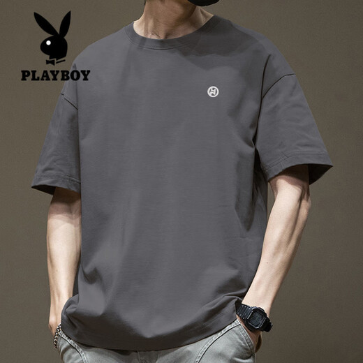 Playboy (Playboy) Kurzärärmelte T-Shirt für Herren Sommer reine Baumwolle Runde Hals vielseitige Freizeitkleidung 2025 Neue Modemarke Loose Hong Kong Style T-Shirt White-1365 Kurzärmelte-100% reines Baumwolls [Vorgeschlagene 80-110jin [Jin gleich 0,5 kg]]