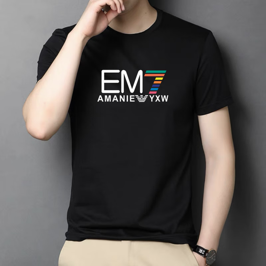 阿玛尼夏季男士冰丝短袖T恤男彩色印花大码休闲运动打底衫 AM761宝蓝 M 90-120斤