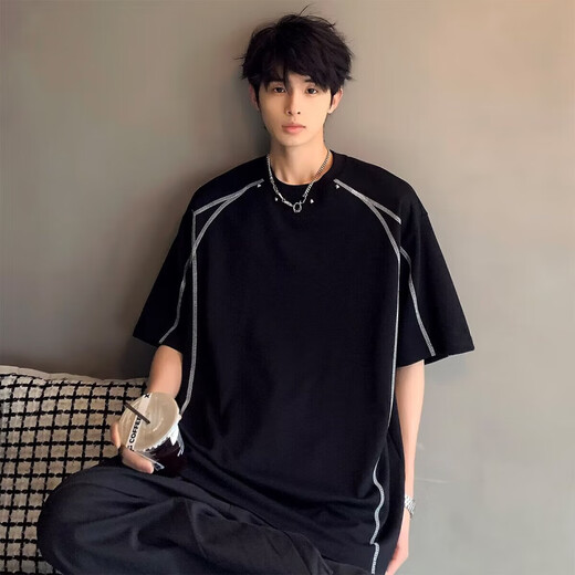黑盒白美式复古短袖t恤男夏季2025新款时尚百搭小众解构拼接宽松休闲T恤 CQS-1421白色 XL