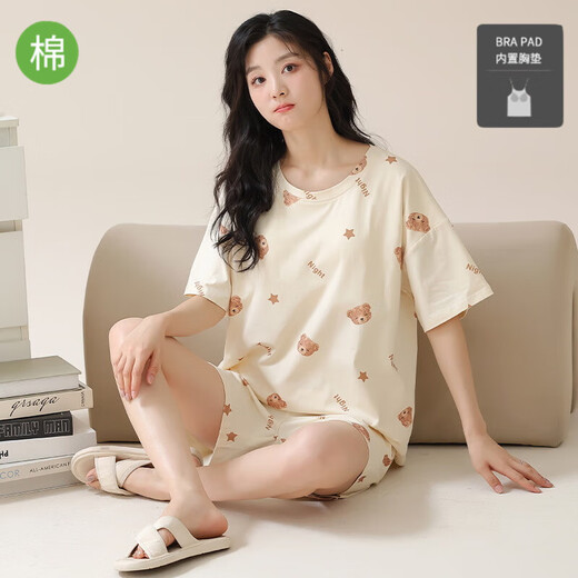 娇彩梦带胸垫睡衣女夏季100%纯棉短袖卡通少女学生青少年家居服套装 QM1343（带胸垫） 全棉 L 女士 (建议95-115斤)