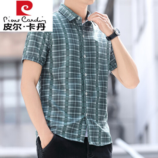 Pierre Cardin Plaid Shirt Herren kurzärmeliges Sommergeschäft Casual Comfortnoy Hemd Mode hübsches, dünnes halbärmeliges Zz826 Black XL 120-135jin [Jin ist 0,5 kg]