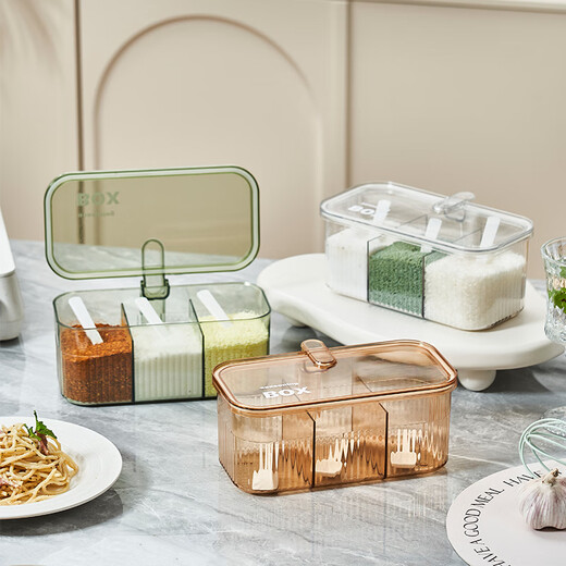 Yunsui seasoning box combination set all-in-one multi-grid kitchen household salt, MSG, pepper seasoning storage box seasoning bottle salt shaker, transparent green, double sealed, free 3 spoons, single piece