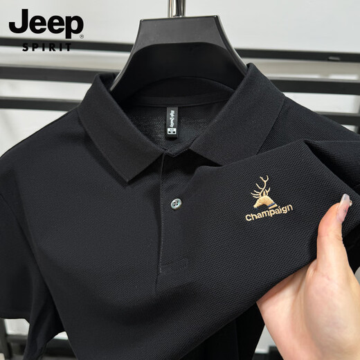 JEEP SPIRIT Polo de algodón pesado Jeep para hombre, camiseta de manga corta de algodón piqué de verano, camiseta holgada transpirable de tendencia de moda con abertura negro XL /52