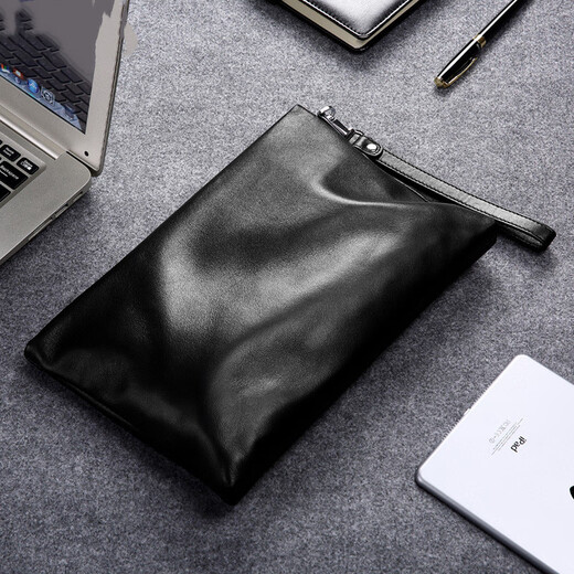 South Young Herren Handtasche echte Leder -Herrenbeutel große Kapazität Kupplung Handtasche Doppel Clip -Tasche Business Casual Mode Umschlagbeutel Schwarz klein