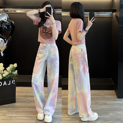 Kaizitu Ymeng Europäischer Modeanzug für Frauen im Sommer Neue modische altersreduzierende Kurzärmel-Kurzärmel-Top-Weitbein-Hosen zweiteiliger Set 7009A Pink Kurzärmelte + 7047B Jeans S S