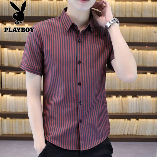 花花公子（PLAYBOY）条纹衬衫男短袖2025夏季新款潮流百搭男装上衣薄款透气半袖衬衣男 HS-826灰色 M 90-102斤