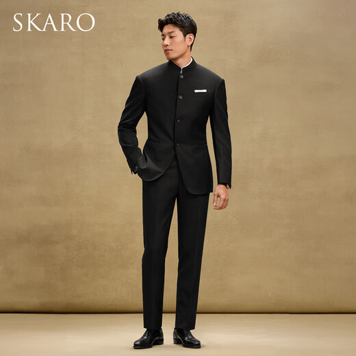 SKARO【新中式】休闲西装外套男士青年装夏季羊毛立领中山装西服 黑色SKV1011(单西) 44