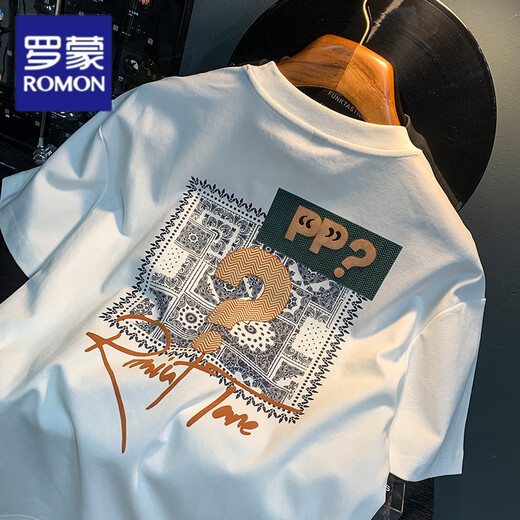 Футболка с короткими рукавами Romon Men's Men's Men's Men's 2025 Summer Thin Fashion Print Fut Shirt Scinjiang Хлопковая круглая шея с половиной наполовину Top Top Top To White 2 [ZJ1047 FIT версия] M подходит для 90-108JIN [Jin Equals 0,5 кг]