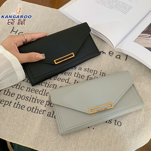 Kangaroo (KANGAROO) 2025 new Japanese and Korean wallet women's long style, large capacity, multi-card position, fashionable and versatile solid color simple soft wallet, black