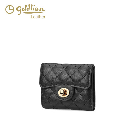 GY goldlion金利来女士钱包真皮小众钱夹女式黑色休闲钱夹零钱包简约潮流卡包 黑色