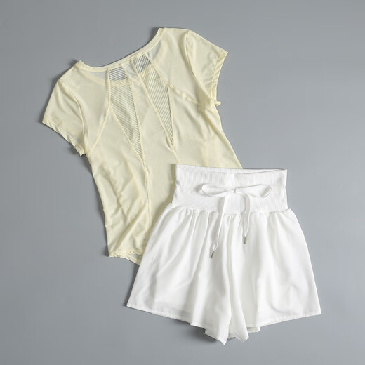 LULU Lulu women's loose casual running exercise quick-drying short-sleeved blouse breathable Pilates yoga fitness wear summer yellow + white M