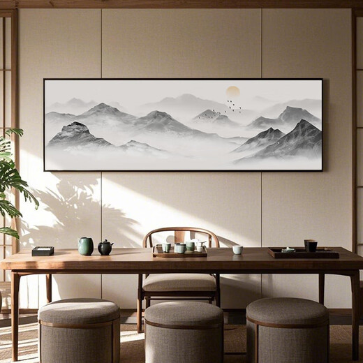 Zilang living room decorative painting sofa background wall ink Zen landscape painting wall hanging tea room office calligraphy and painting mural 04-backed 60*180 bright gold aluminum frame + plexiglass SF Express