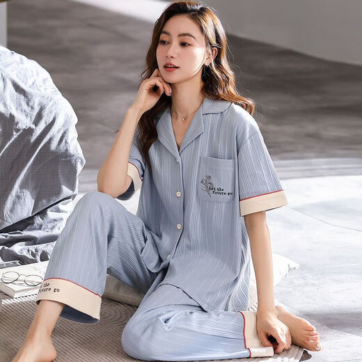 浪莎（LangSha）2025年新款睡衣女式夏季短袖长裤翻领开衫中年妈妈家居服可外穿 PDDQ9922 L 【建议100-120斤】