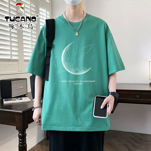 啄木鸟纯棉短袖t恤男士夏季薄款宽松潮流圆领重磅青少年大码半袖T打底衫 黑色 XL