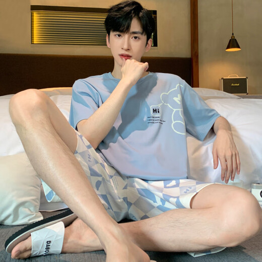 Catman (Miiow) 2025 Nuevo pijama para hombres Modal de verano pantalones cortos de manga corta Traje de ropa para el hogar 6198 Azul Modal L 90-120Jin [Jin equivale a 0.5 kg]