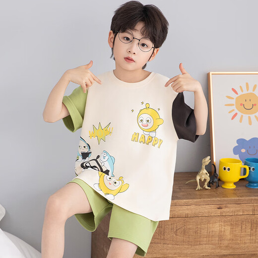 浪莎小奶龙儿童睡衣男童短袖纯棉夏季薄男孩卡通中大童空调家居服套装 [优质纯棉]694哪咤 150cm 均码