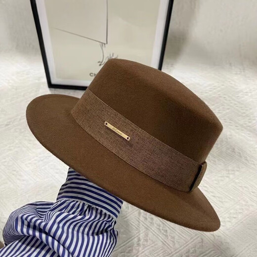 Difuxi top hat men's white French autumn and winter flat top woolen top hat women's flat brim small brim British large head circumference men's versatile camel black + black belt 55-59cm adjustable