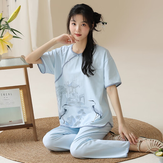 浅伊琳女士短袖睡衣套装夏季薄款长裤夏天新中式国风仿棉家居服可外穿 l9905 M  (建议75-95斤)