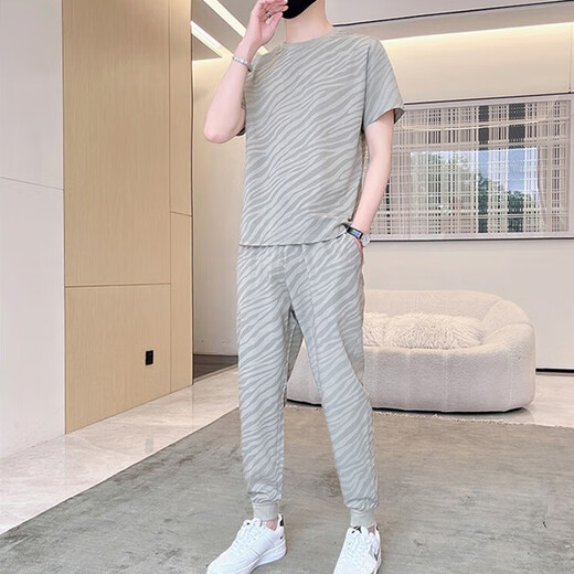 VACK summer short-sleeved T-shirt suit men's cool fashion summer casual men's sports men's suit summer clothes 719 gray L (115-130Jin[Jin equals 0.5 kg])