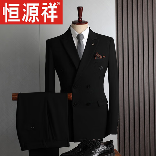 Hengyuanxiang suit men's suit wedding double-breasted British style lapel groom engagement wedding slim striped formal suit double-breasted black 2-piece set (top + pants) S (98-110Jin Jin equals 0.5kg)