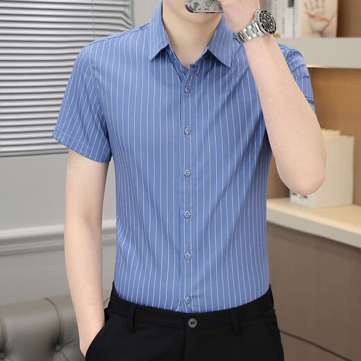 Lilang Striped Hemd Herren kurzärmeliges Sommer-dünnes Eis. Seiden Herren neue Sommergeschäftshemd -Shirt Herren weiß m