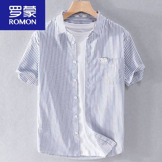 罗蒙（ROMON）夏季薄款短袖T恤男宽松体恤免烫条纹半袖带领口袋上衣夏装 9721白色 M