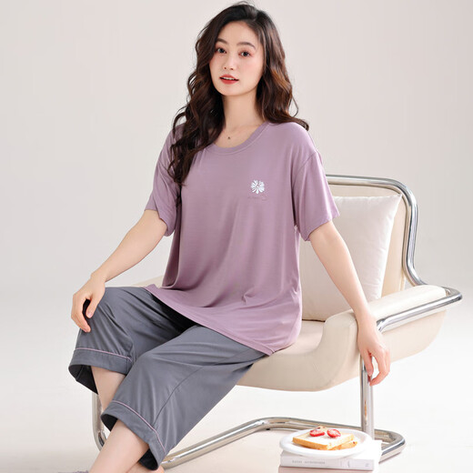 
Meijun large size pajamas for women in summer modal short-sleeved loose women's cropped pants home clothing set summer thin XPW7029 M