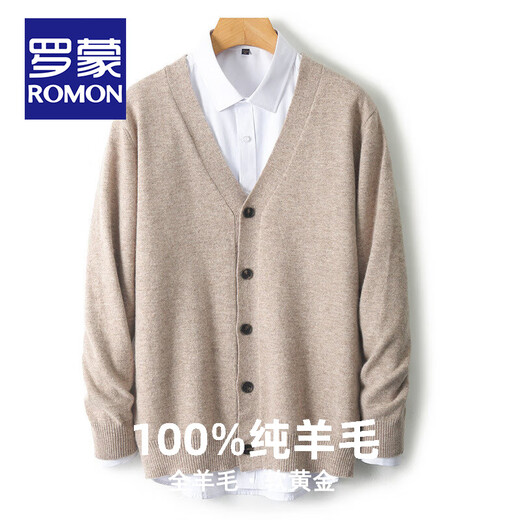 
ROMON (ROMON) 2024 new spring and autumn pure wool sweater for men V-neck youth business casual large size sweater for men wool jacket for men light gray XL