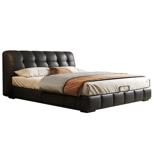 Dashudao Home Puff Bed Retro Cream Style Master Bedroom Double Bed Italian Minimalist Medieval Style Storage Leather Bed Beech Rib Frame Upgraded Single Bed Bracket Structure 1800mm*2000mm