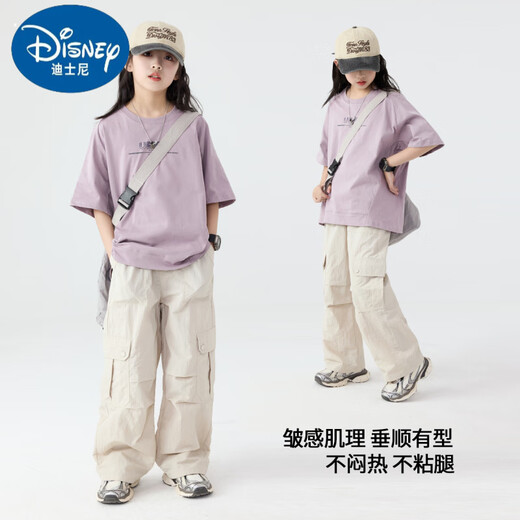 Disney Girls Summer Set para niños 2025 Nuevo deporte de moda Manija corta Girls Grandes pantalones de trabajo para niñas de verano para niños 15265 Apricot + 9928 Purple 120 cm