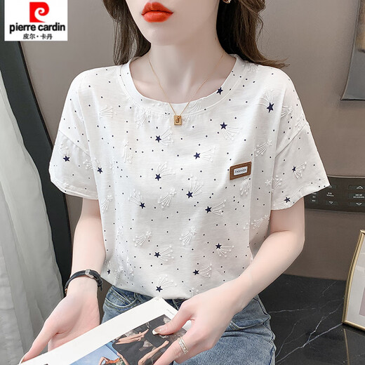 皮尔卡丹（pierre cardin）纯棉印花t恤女短袖夏装2025新款宽松印花设计感百搭体恤上衣潮 1396#白色 S 适合80-99斤