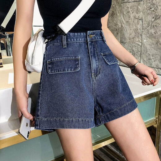 单南卫a字高腰牛仔短裤女夏季宽松阔腿显瘦短裤学生加大码女装200斤胖mm 【3888：深蓝色 a字短裤】 M 【 建议100斤以下】