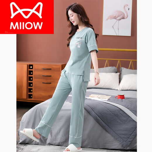 猫人（MiiOW）睡衣女夏季纯棉2025年新款短袖长裤家居服套装可外穿薄款全棉套装 7374豆绿 M 80 100斤
