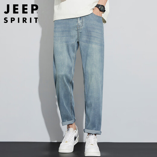 JEEP SPIRIT吉普冰丝牛仔裤男士夏季潮牌直筒天丝九分弹力裤子 复古蓝 32