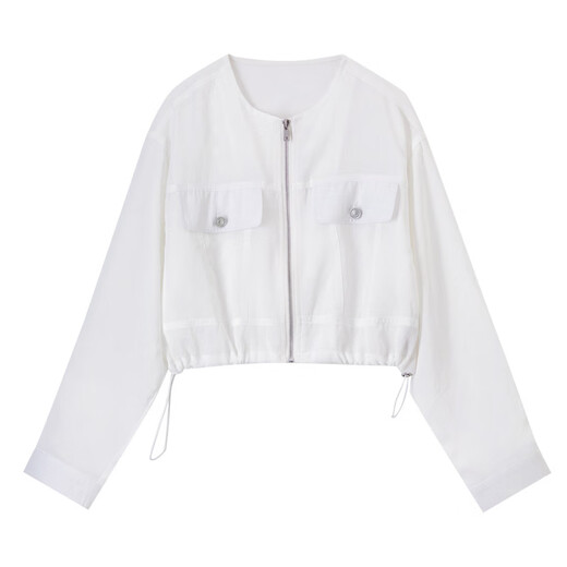 Shangdubila [delgadas y piernas se ven largas] Diseño de empalme de cercanías cuello redondo, mangas largas que caen en los hombros y livianos chaquetas cortas M blancas M