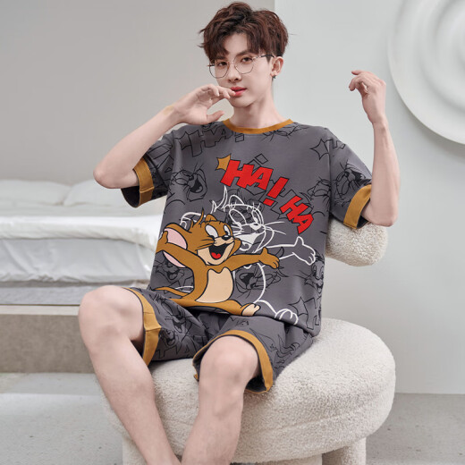 
Qiao Tong men's pajamas summer pure cotton short sleeves 2025 new thin style youth student cartoon large size home clothing set YX 7029 (pure cotton fabric) XL 175CM recommended weight 135-155