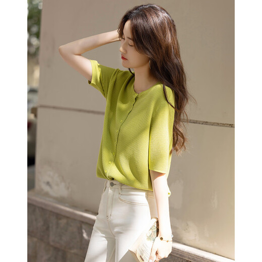 
Demana [Low Calorie Daily] Spring and Autumn Simple Wind Ice Wire Round Neck Middle Sleeve Cardigan Comfortable Meat Cover Sweater Women's Top