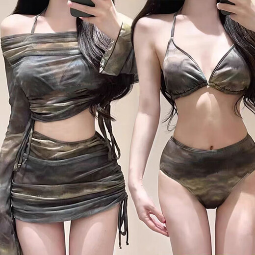 Jin Jin is equal to 0.5 kg. Mu bikini swimsuit women's split long-sleeved four-piece sun protection swimsuit slimming belly-covering ins style hot spring swimsuit strapless bikini four-piece set 80-115 Jin Jin is equal to 0.5 kg
