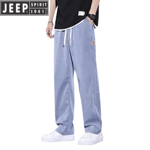 
JEEP SPIRIT Tennis Jeans Men's Spring and Summer Thin Straight Loose Wide Legs Ground-Sports Ice Silk Casual Long Pants 1048 Blue L (Size 30-31)