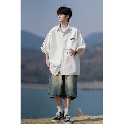 Nimmig japanisches kurzärärmiges Hemd Herren 25 Sommer Neues trendy Retro cooles atmungsaktives Hemd Großgröße Lose Casual Jacket White 2xl (150-170jin [Jin ist gleich 0,5 kg])