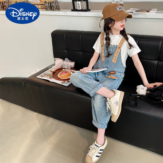 Disney girls overalls suit summer 2025 new children's summer jeans girls big children's street loose pants overalls 130 cm