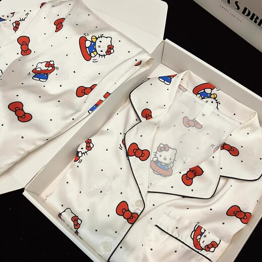 美黛遇HelloKitty甜美冰丝睡衣女春秋款可爱卡通长袖夏天薄款家居服套装 KDJ_834-3#开衫双长 白色KT猫 XL